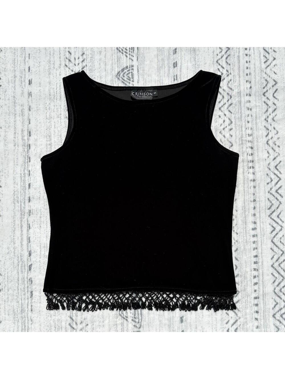 Crimson by Lawrence Kurtis Black Velvet Tank Top Fringe Hem Small